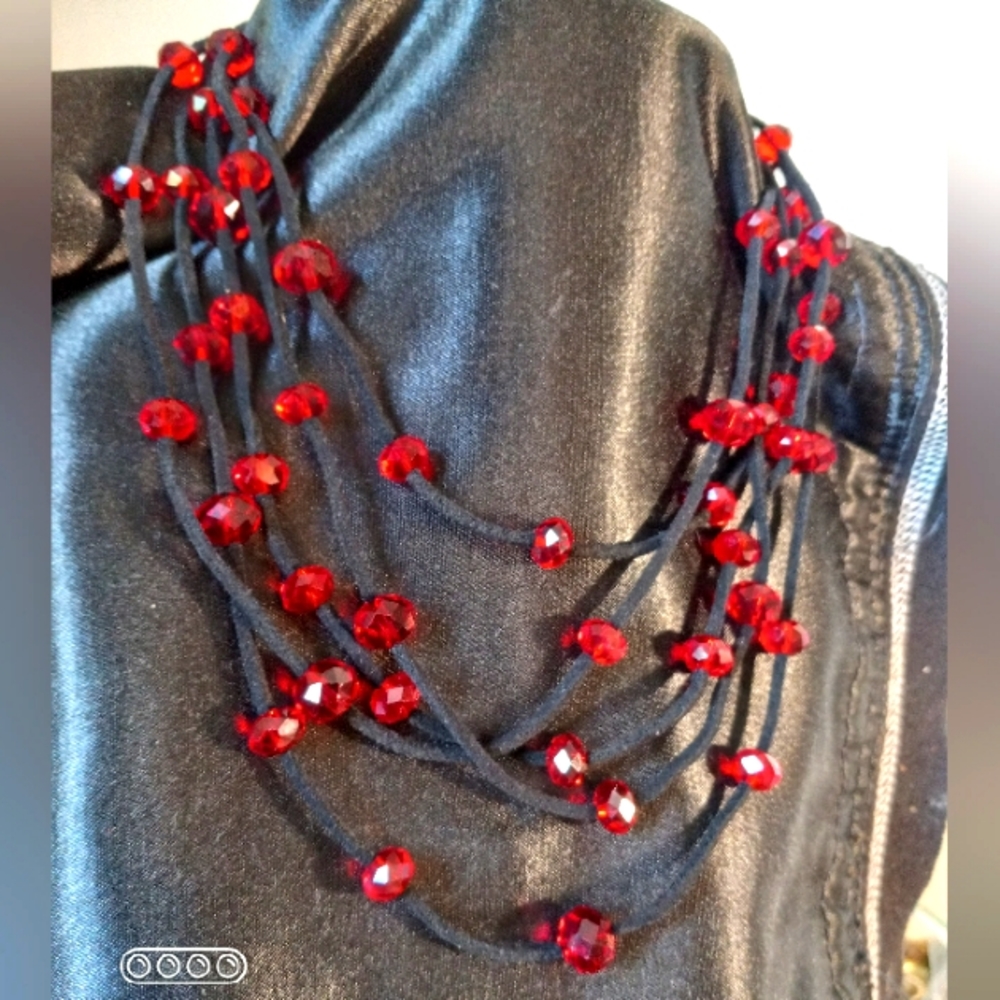 Ruby Red Glass Beads on Five Black Cords